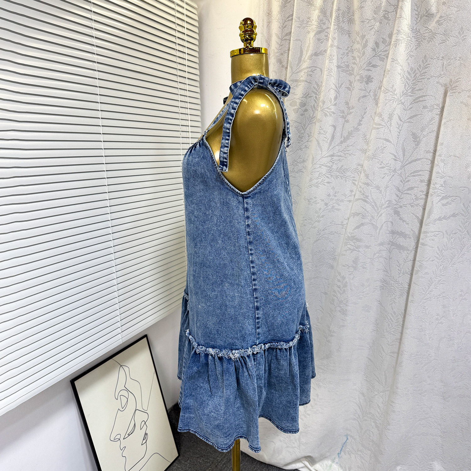 Fashionable A Line Denim Dress Summer Sleeveless Color Block Design Adjustable Straps Casual Wear Wholesale