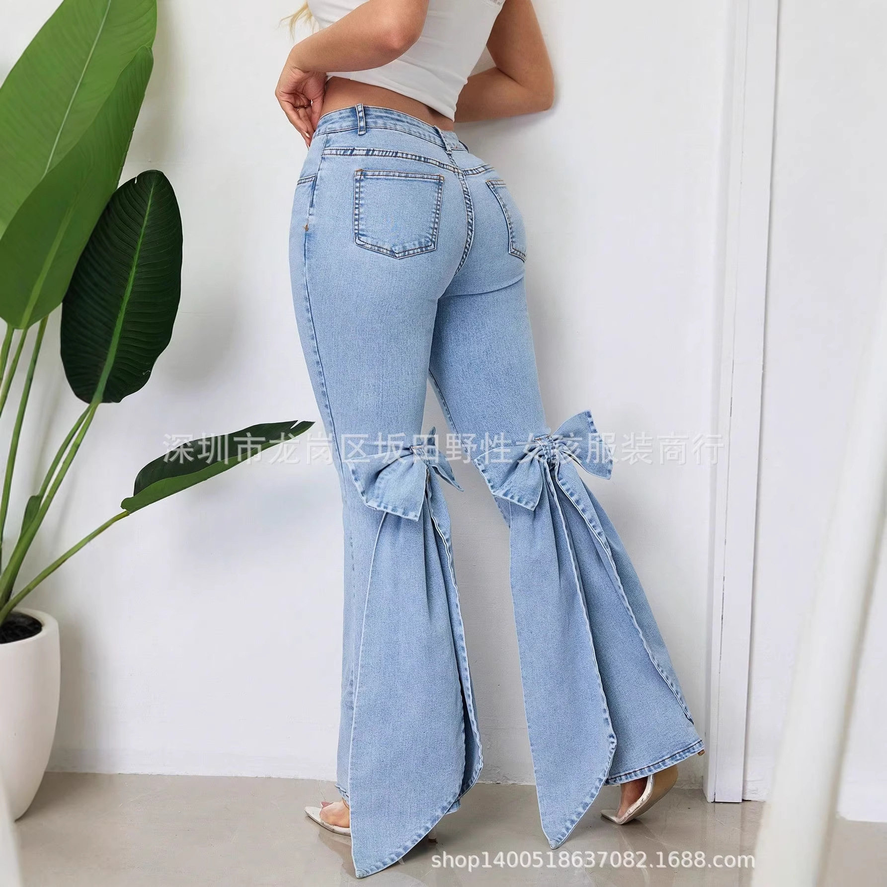 High Waisted Flared Jeans Vintage Style 3D Bow Detail Slim Fit Stretch Fabric Casual Wear Wholesale Available