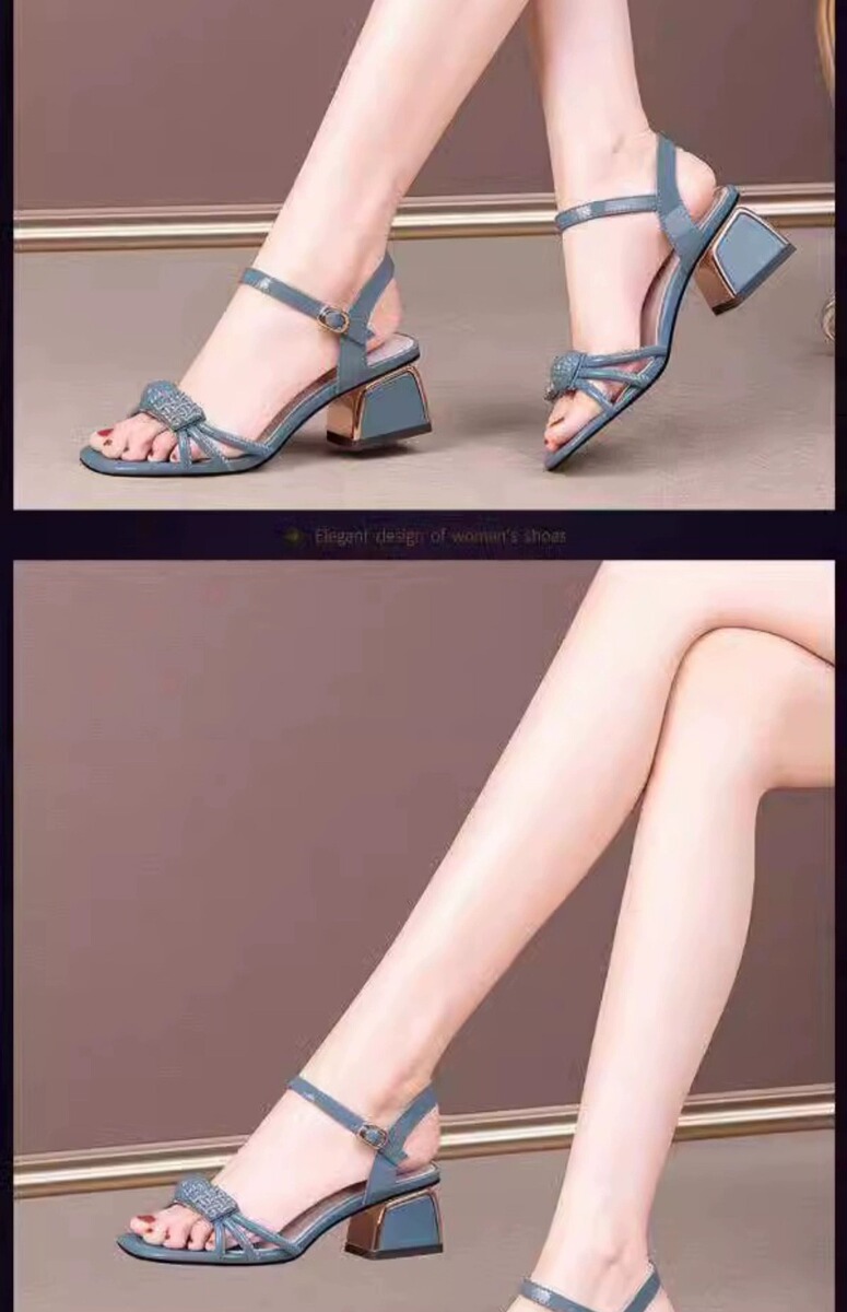 Sandal nữ gót thô hở mũi quai ngang đính đá, giày cao gót 5cm phối đồ thanh lịch — Màu trắng, Màu xanh dương