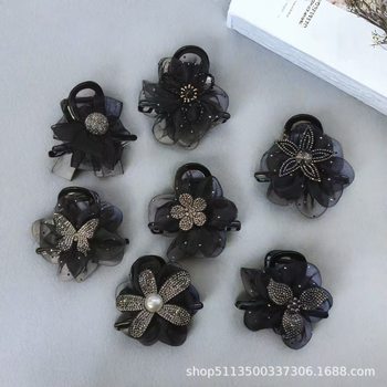 Cross-Border Direct Supply 8cm Black Organza Paris Princess Light Luxury Temperament Shark Clip Internet Celebrity Bun Hair Accessory