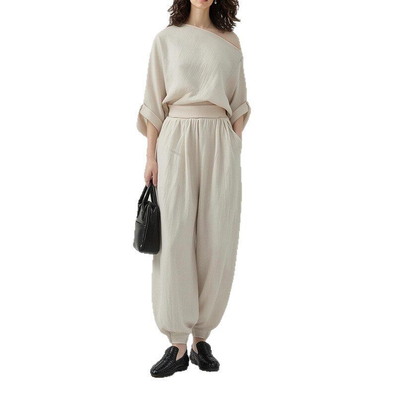 Womens Summer Casual Set Solid Color Loose Fit Asymmetrical Shoulder Wide Leg Pants Perfect for Everyday Wear