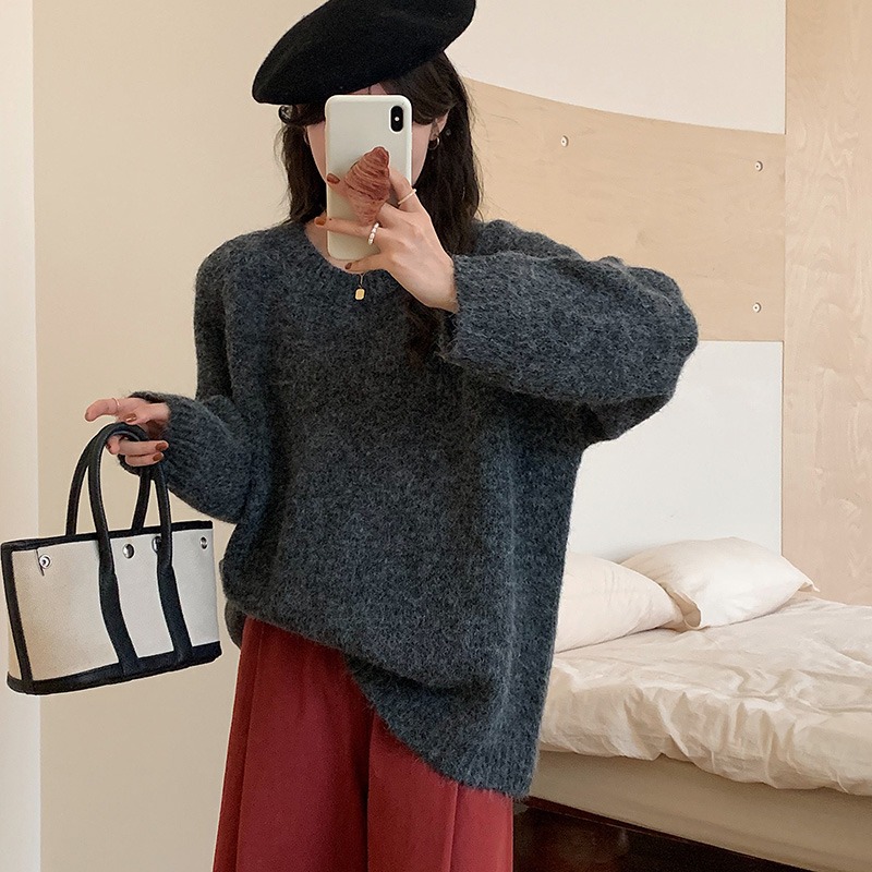 小众高级感大码宽松套头毛衣女圆领慵懒风秋冬长袖软糯花色针织衫