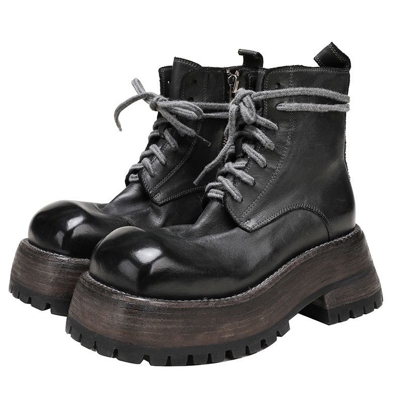 Boot Martin nữ da bò thật đế dày gót cao cổ ngắn — Màu đen, Màu xám