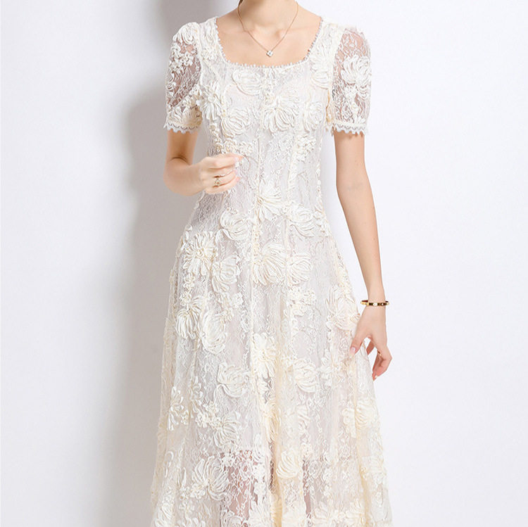 French Elegant Summer Dress Embellished with Beads and Sequins Square Neck Puff Sleeves Fitted Waist Lace Long Gown