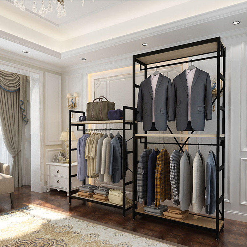 Clothing Store Display Rack Men's and Women's Clothing Store Shelf Display Cabinet Steel Wood Double Coat Rack Clothes Rack Storage Rack