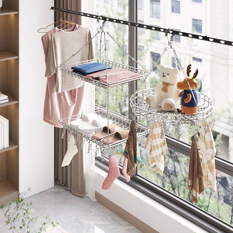 Stainless Steel Clothes Drying Basket, Single or Double Layer Household Net for Drying Sweaters and Socks, Magic Hanging Rack