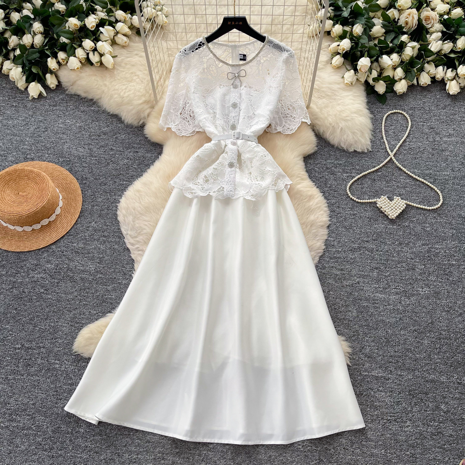 Pink Lace Hollow Out Satin A Line Dress for Women Summer Slim Fit Elegant Style Perfect for Work and Special Occasions