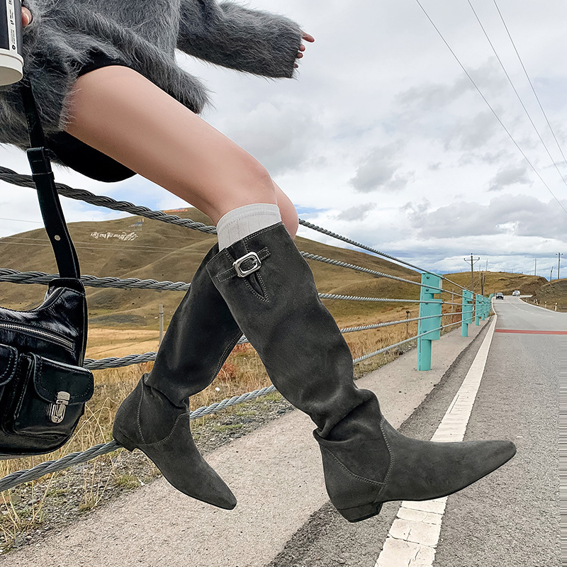 Boot nữ cổ cao mũi nhọn da lộn bò phong cách cổ điển gót thấp — Lớp lót đơn màu đen, Lớp lót đơn màu nâu, Lớp lót đơn màu xám, Lót nhung đen
