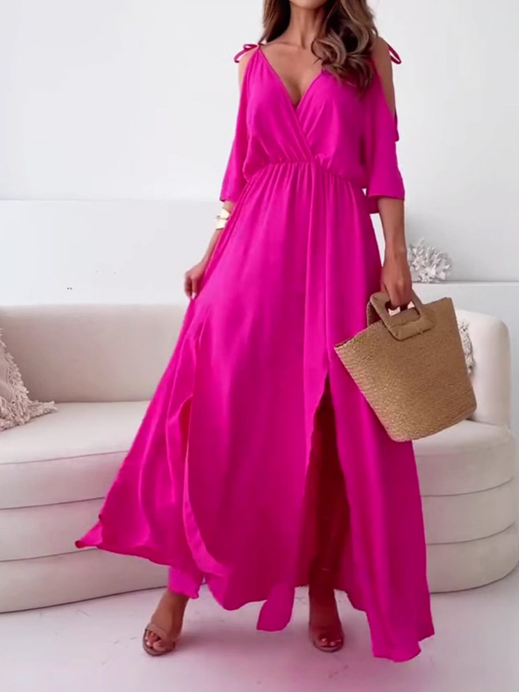 Sleeveless V Neck A Line Dress Solid Color Sexy Waist Defined Short Sleeve Casual Summer Wear Wholesale Available
