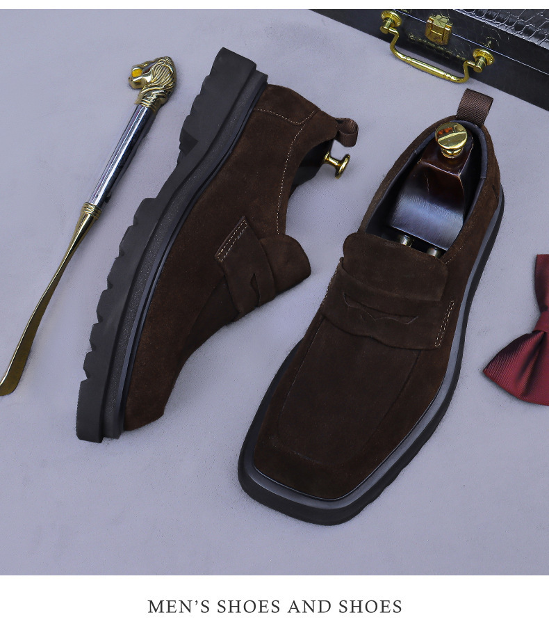 Giày loafer nam da bò lộn đế dày mũi vuông phong cách công sở — đen, màu nâu mocha