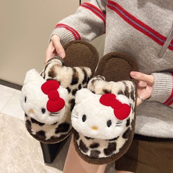 Fashion Cute Cat Niche Furry Shoes for Women Outdoor Wear 2025 Autumn and Winter New Cartoon Leopard Print Thick-Soled Closed-Toe Slippers