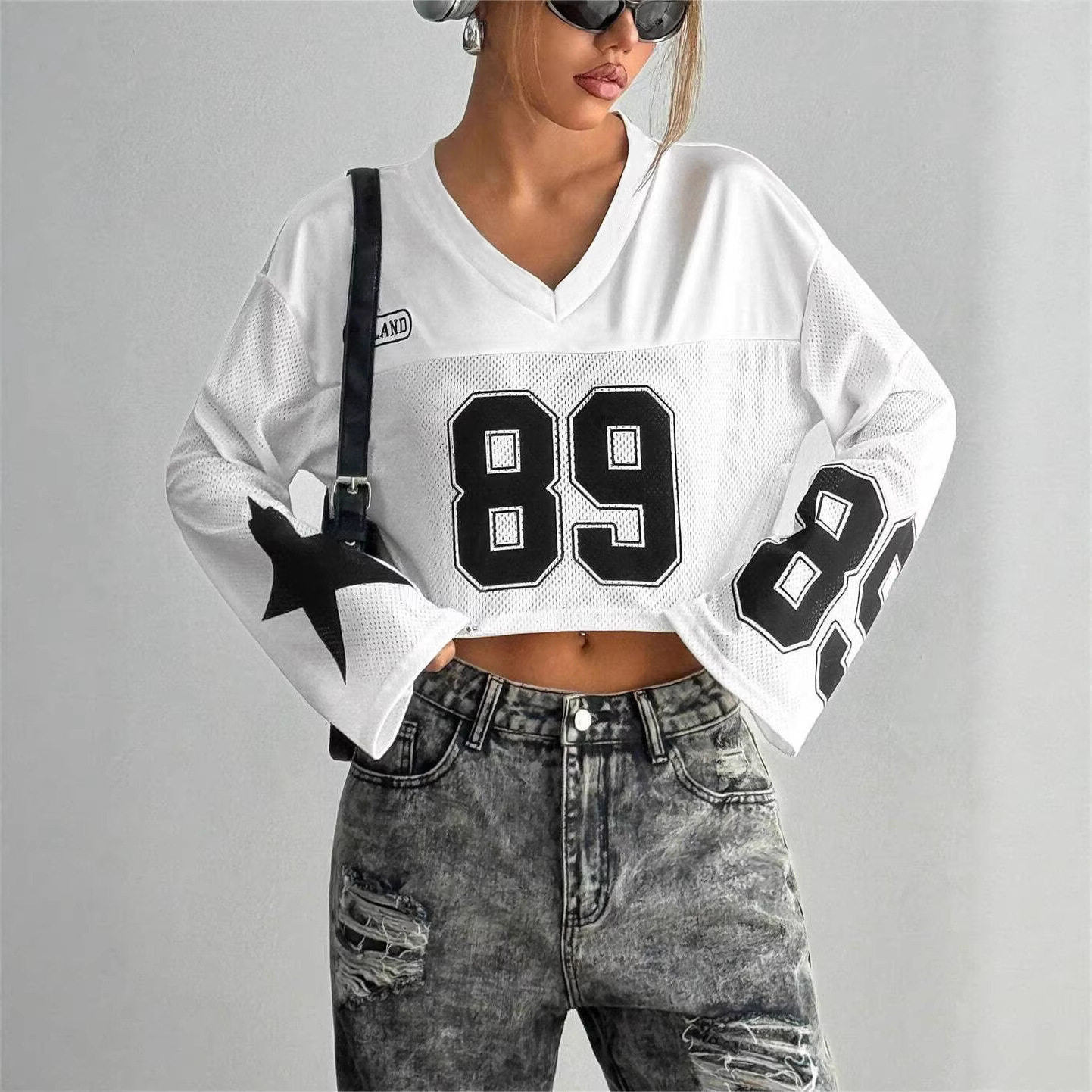 personalized street Y2k short long-sleeved digital hip-hop Harajuku fashion casual v-neck Gothic T-shirt