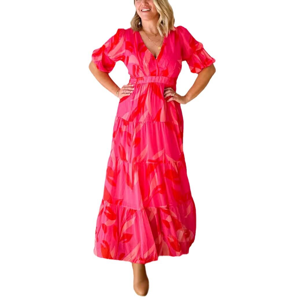 Summer Floral Print V Neck Dress Waist Defining Elegant Style Perfect for Casual Outings or Parties Wholesale