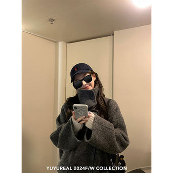 YUYUREAL Winter Fate Collar Wool Coat Women's Winter New Double-breasted dark gray Wool Coat