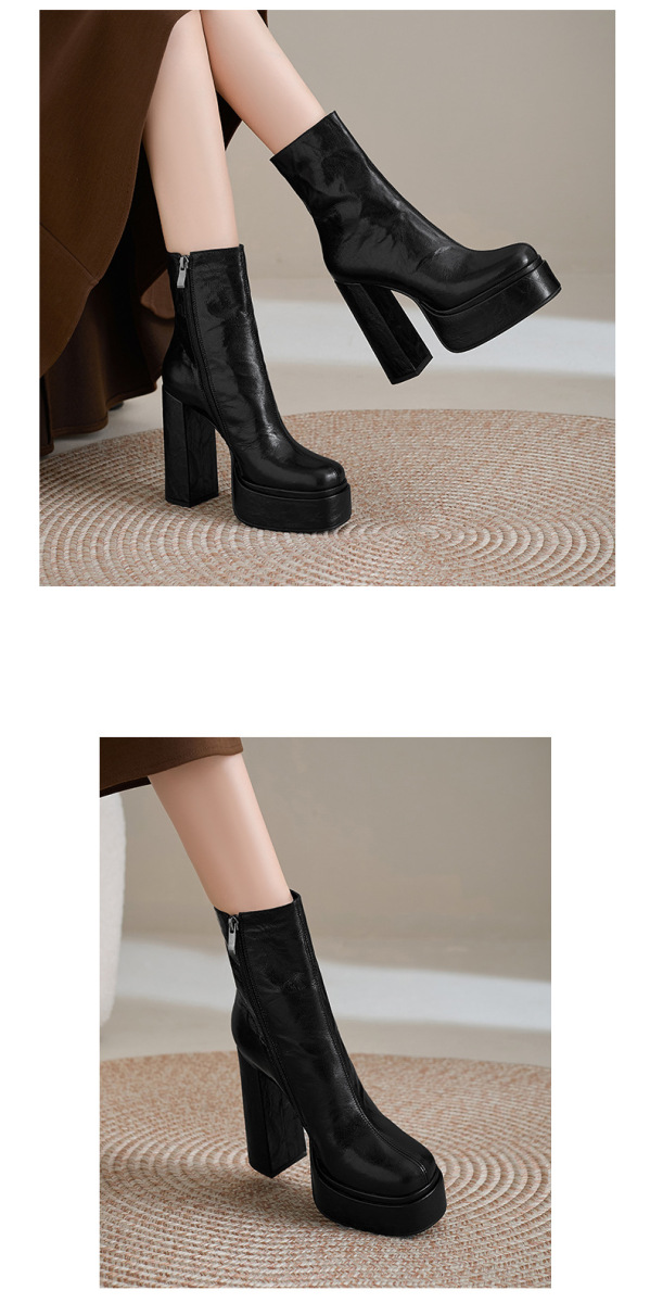 Boot nữ cổ ngắn gót thô siêu cao 13.5cm da cừu mũi tròn có khóa kéo bên hông — Lớp lót đơn màu đen, Lót đơn màu trắng kem, Lót nhung đen, Lót nhung màu be