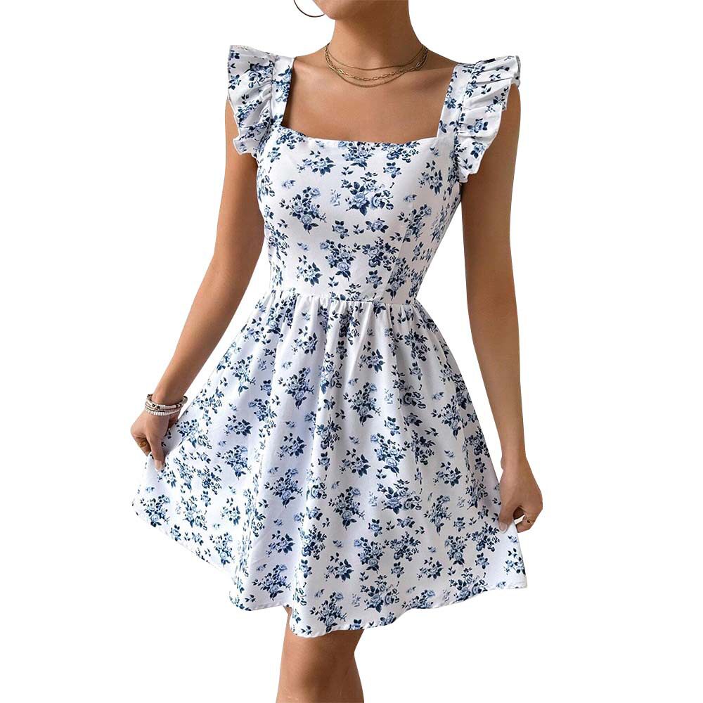 Floral Print Backless Dress Sweet Slim Fit Ruffled Sleeves Spring Summer Style Wholesale Available