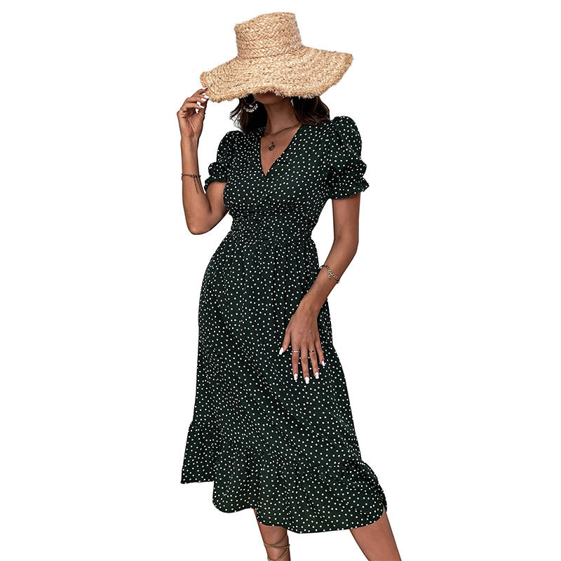 Vintage Polka Dot V Neck Midi Dress Womens Fashion Retro Style Comfortable Fit Perfect for Spring Summer Occasions