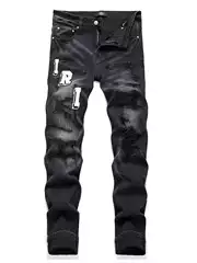 Vintage Ripped Patchwork Jeans for Men with Embroidery, Slim Fit Skinny Stretch Denim Pants