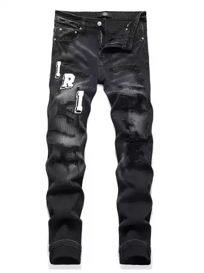 Vintage Distressed Patchwork Jeans for Men - Embroidered Slim Fit Skinny Stretch Denim Pants