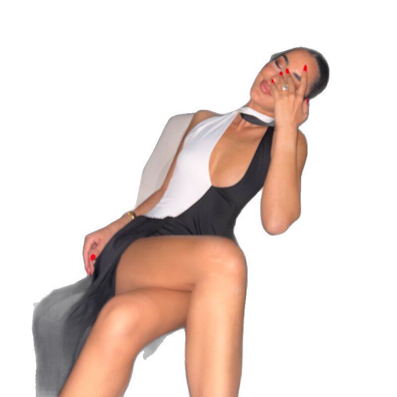 Fashionable Black and White Color Block V Neck Sleeveless Backless Split Dress Elegant Evening Wear Wholesale Available