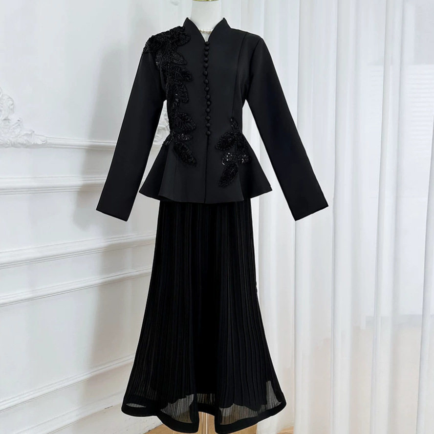French Style V Neck Embroidered Jacket with High Waisted Pleated Skirt Elegant Lightweight Luxury Two Piece Set for Autumn