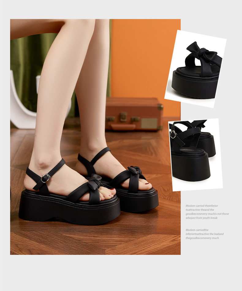 Dép sandal nữ xỏ ngón đế bệt phong cách hè nơ trang trí — Bạc, Đen chi tiết 3