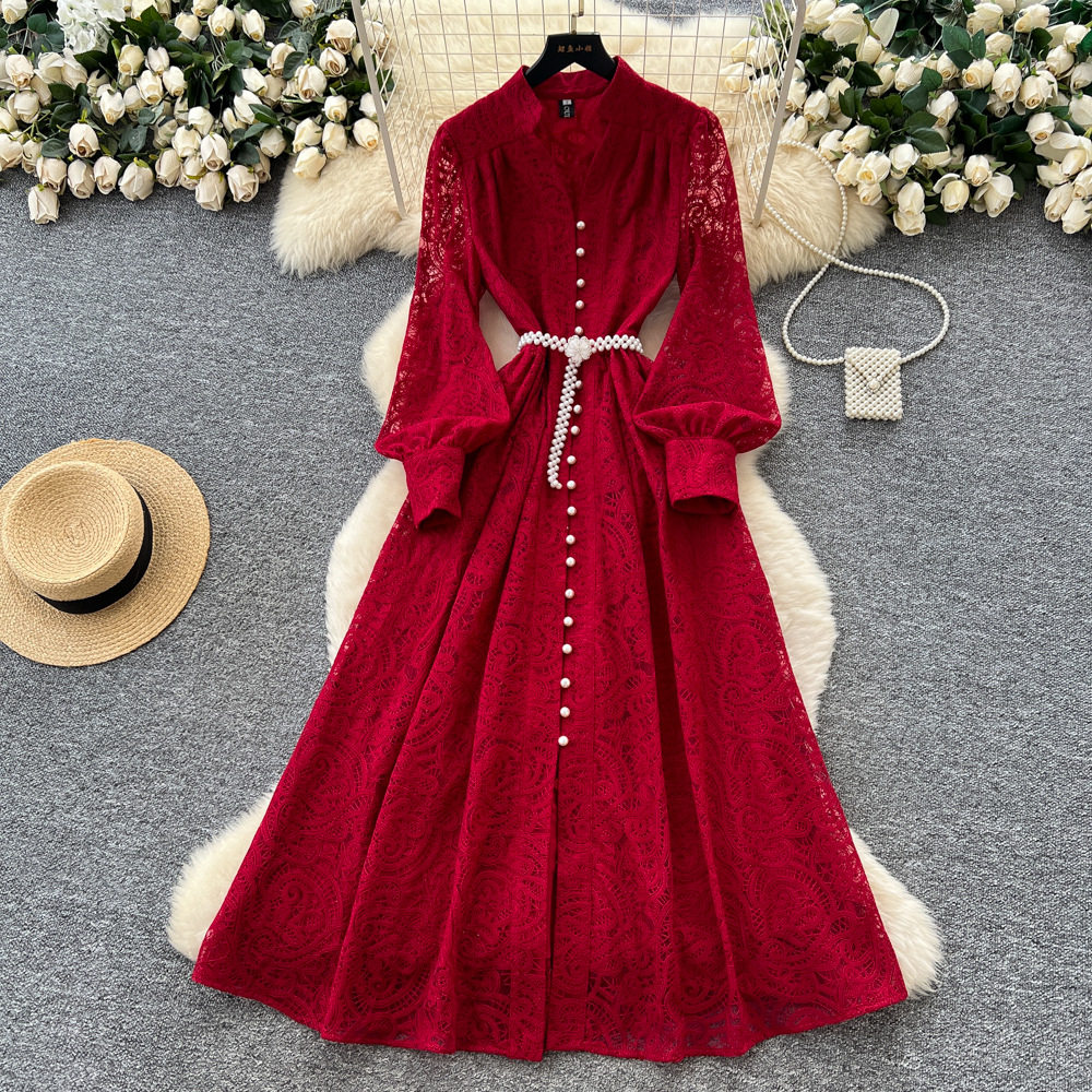 French Elegant V Neck Lace Dress Lantern Sleeves Waist Defining Button Closure Perfect for Formal Occasions