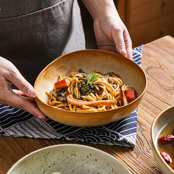 Japanese style retro coarse pottery ceramic tableware restaurant hotel business dessert bowl soup bowl pasta bowl high color value kiln bowl