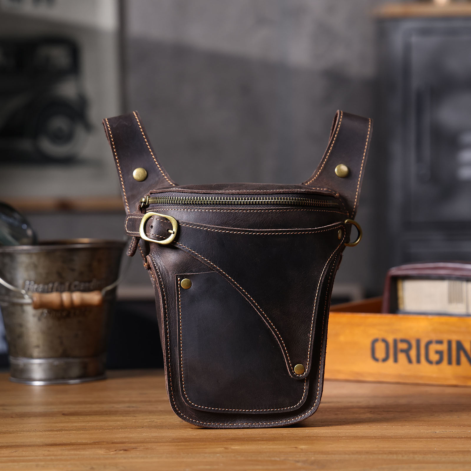 Túi Đeo Hông Nam Da Bò Lớp Đầu Phong Cách Retro Đựng Điện Thoại, Chìa Khóa Màu Nâu, Đen