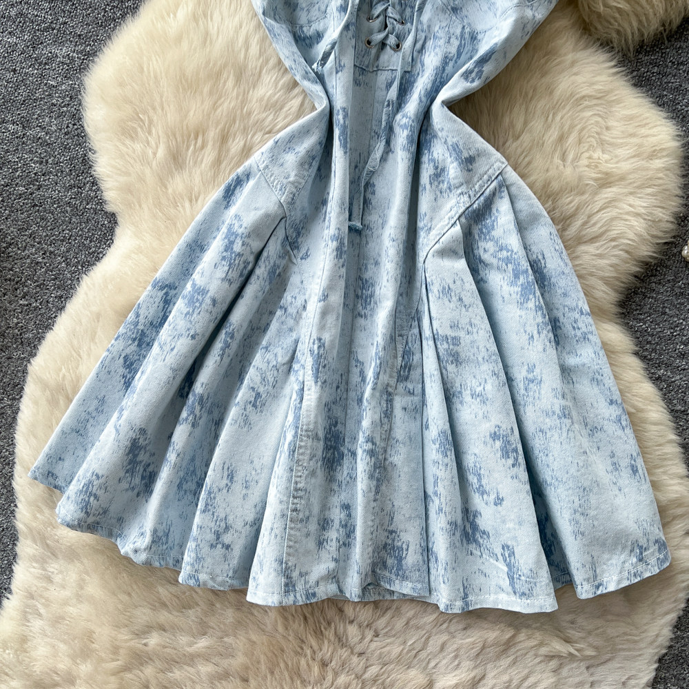 A Line Denim Dress Sweetheart Style Adjustable Waist Tie Summer Fashion Perfect for Casual Outings Wholesale