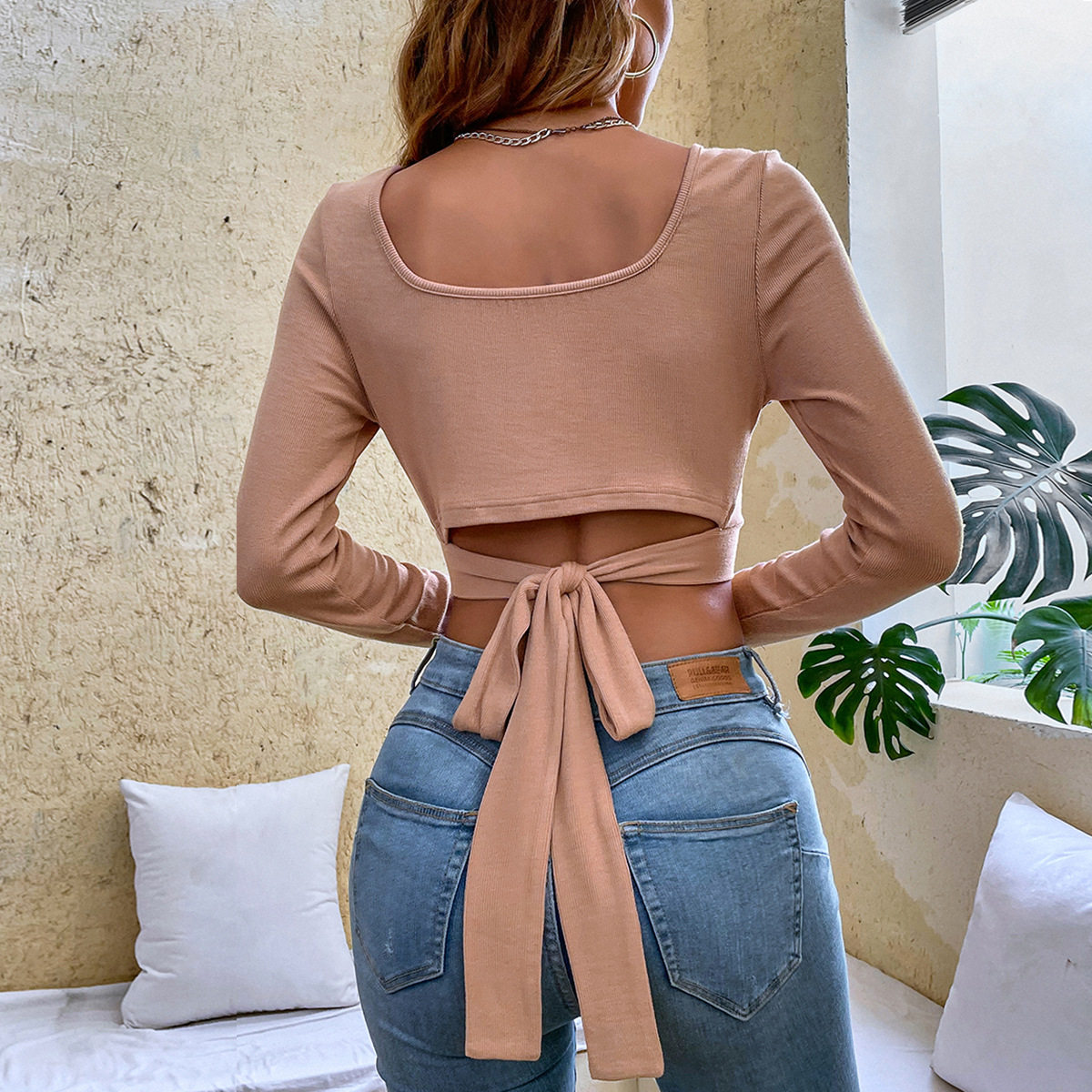 Slim Fit Long Sleeve T Shirt Casual Style Square Neck High Elasticity Short Length Perfect for Everyday Wear