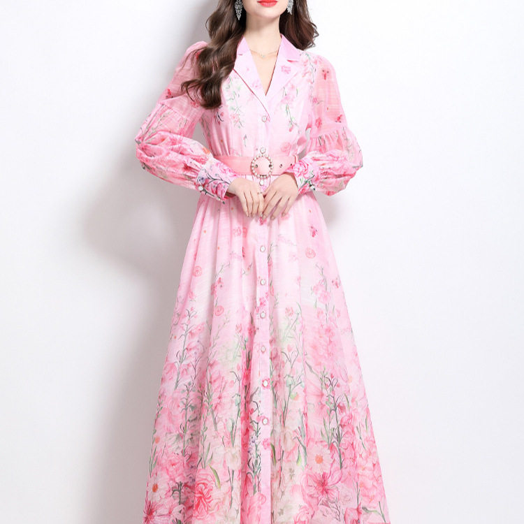 Elegant Womens Long Dress Spring Floral Print Waist Defined Lantern Sleeves Suit Collar Perfect for Formal