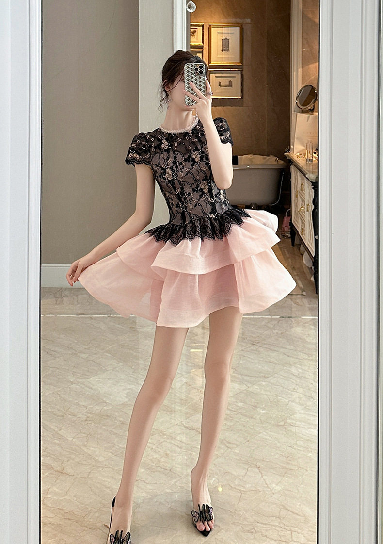 Đầm ren ôm sát cổ điển phong cách Pháp tay bồng — [Màu đen] chi tiết 9