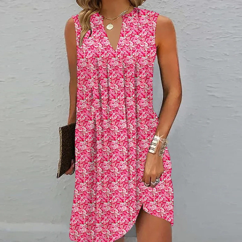 A Line Sleeveless Dress Multi Color V Neck Floral Print Summer Casual Wear Ready to Ship bulk order