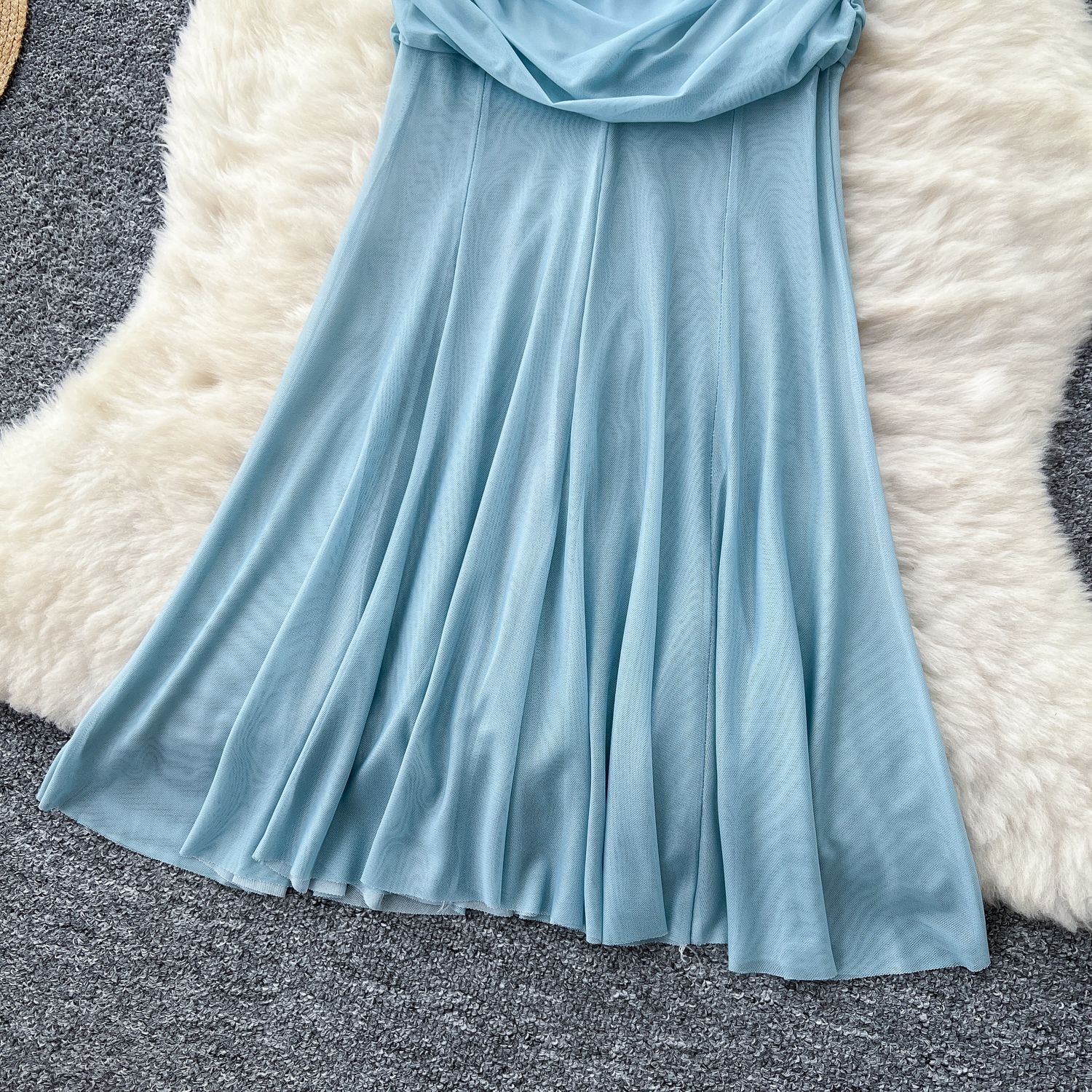 Strapless Mermaid Dress for Women Summer Elegant Gradient Color Ruffled Waist Mesh Fabric