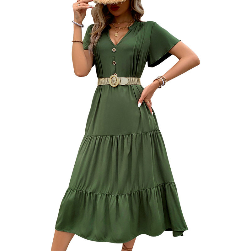 Casual Beach Vacation Dress Loose Fit Button Decoration Solid Color Summer Wear Wholesale Available