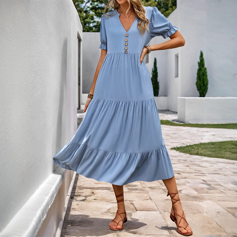 Summer A Line Midi Dress Solid Color Stand Collar Short Sleeve Casual Wear for Women Wholesale Available