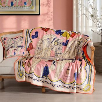 American Style Light Luxury Fashion Composite Brocade Fox Fleece Blanket Printed Horse Casual Sofa Blanket Travel Blanket Gravity Bed Cover Blanket