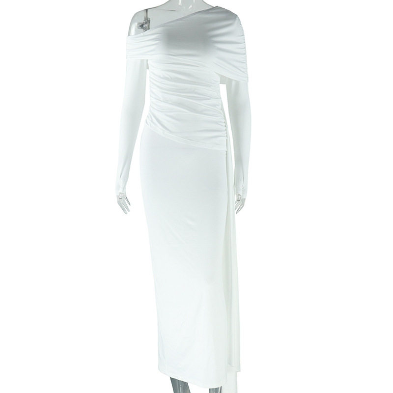 Fashionable Solid Color Asymmetrical Dress One Shoulder Long Sleeve Casual Style Wholesale Available