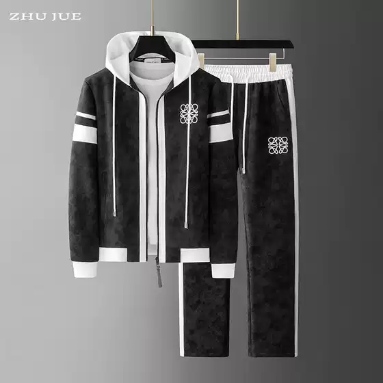 European Men's Clothing 2025 Autumn and Winter New Hooded Casual Suit Men's Classy Embroidered Sweatshirt with Pants Two-Piece Set