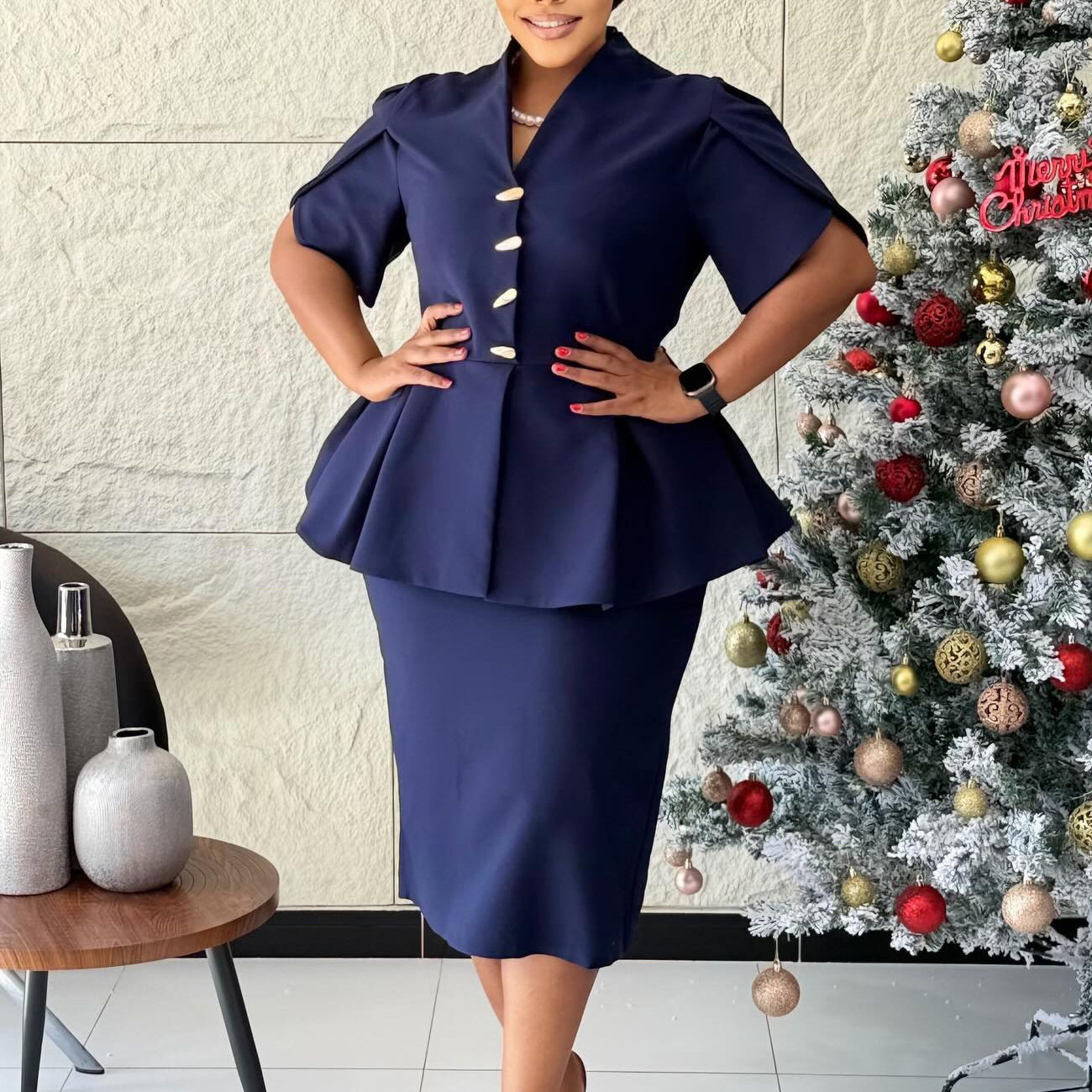 Elegant Plus Size African Dress Slim Fit Ruffled Hem V Neck Short Sleeve Casual or Formal Occasion Wholesale