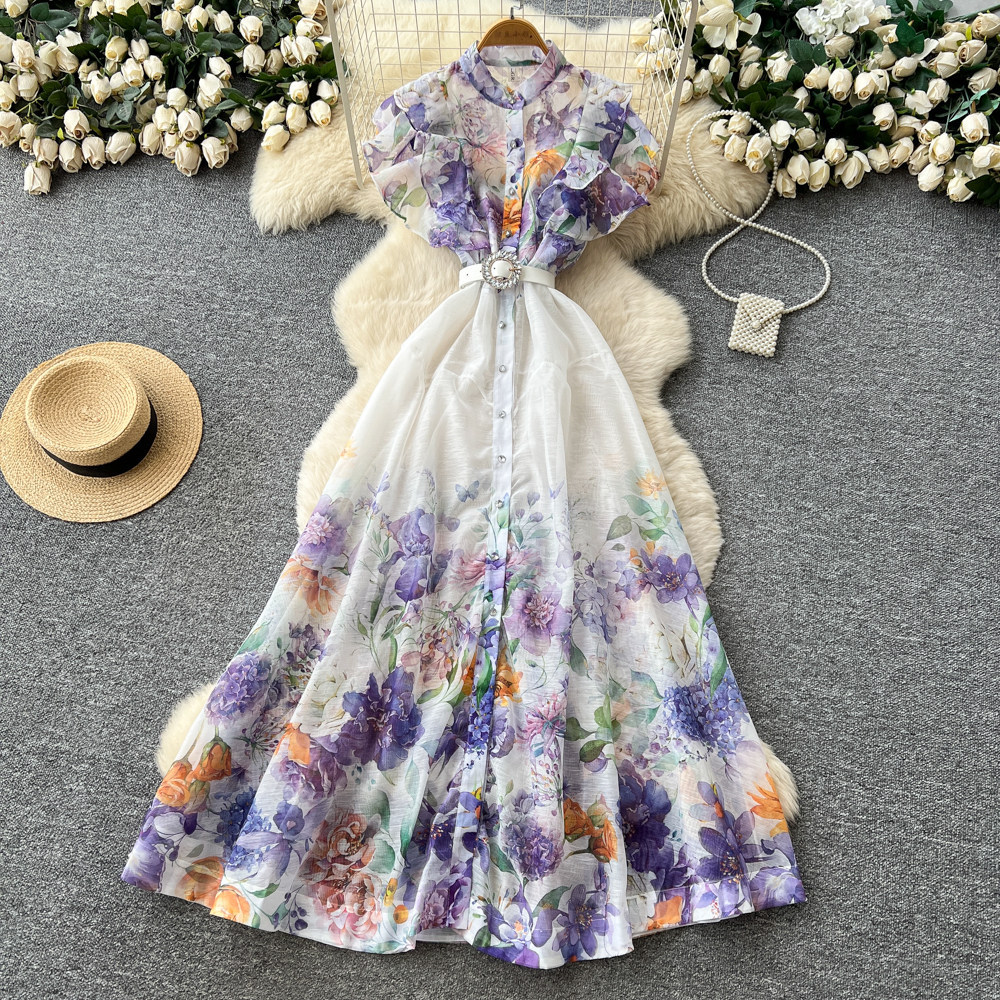 French Country Style Floral Sleeveless Dress High Waist A Line Slim Fit Summer Casual Wear for Work Wholesale