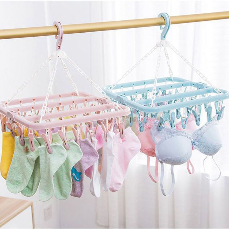 32-Clip Multi-Functional Drying Rack with Multiple Heads, Plastic Clips for Underwear, Socks, and Clothes Drying Rack