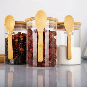 Wholesale Glass Sealed Jar with Spoon Kitchen Cereal Dried Fruit Storage Bottle Bamboo Lid with Spoon Household Transparent Flavor Jar