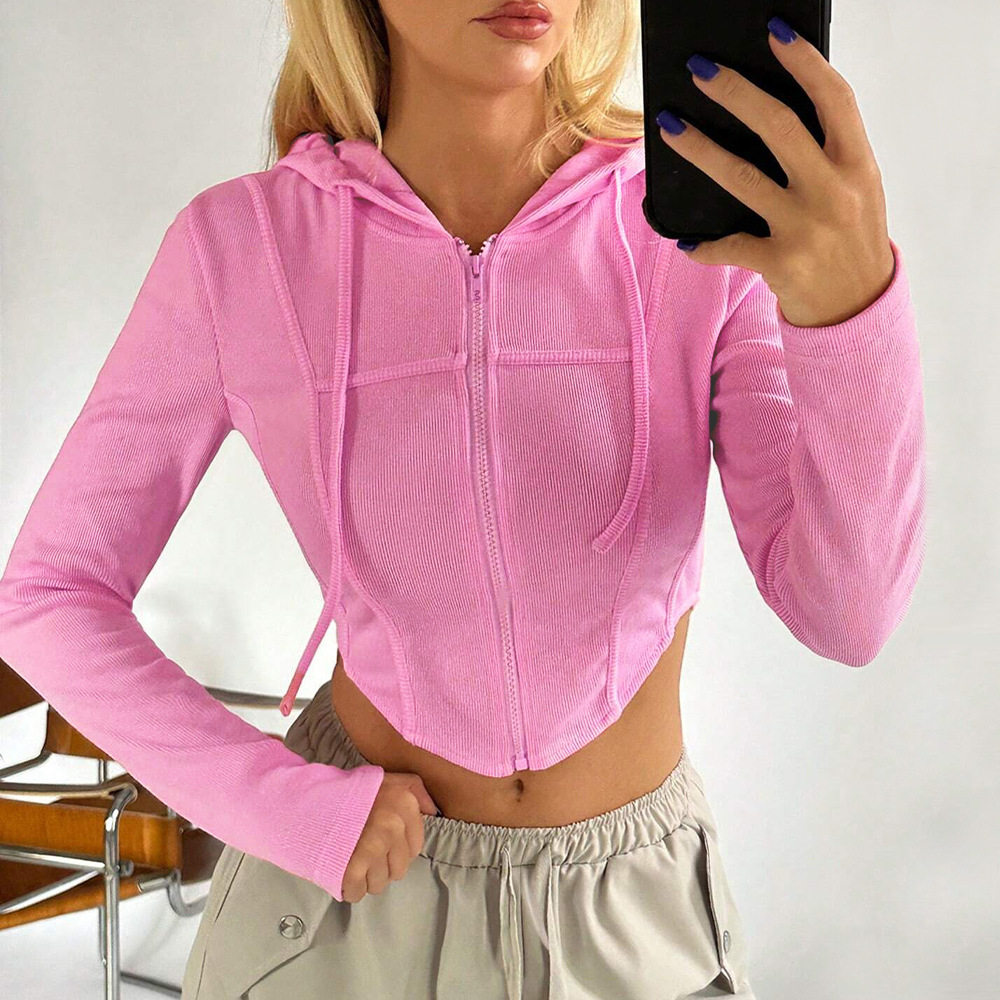 Womens Slim Fit Short Sports Hoodie Long Sleeve Zipper Closure Lightweight Fabric Spring Summer Casual Wear OEM
