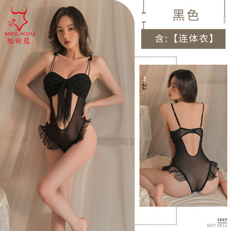 情趣内衣女免脱连体衣蝴蝶结聚拢小胸显大透视激情女免脱制服2019