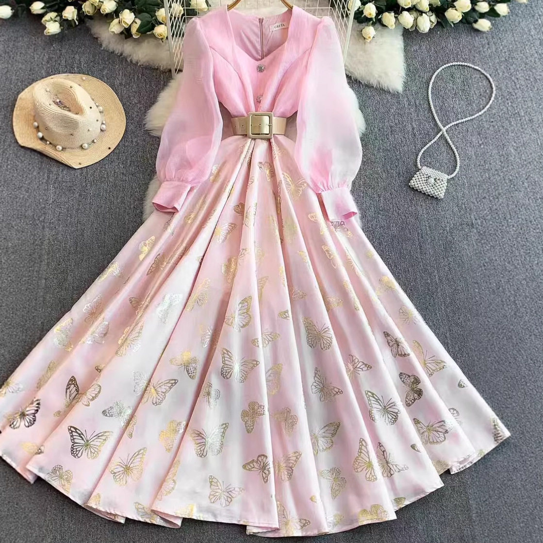 Sweet Princess Style Long Sleeve Dress Mesh Panel Square Neck Waist Tie Flared Skirt Elegant Evening Gown