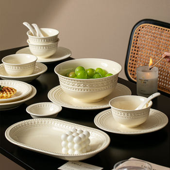 Cream Style Tableware Set Ceramic Dish Plate Deep Plate Soup Plate Rice Bowl Noodle Bowl Embossed Simple Western Tableware Home