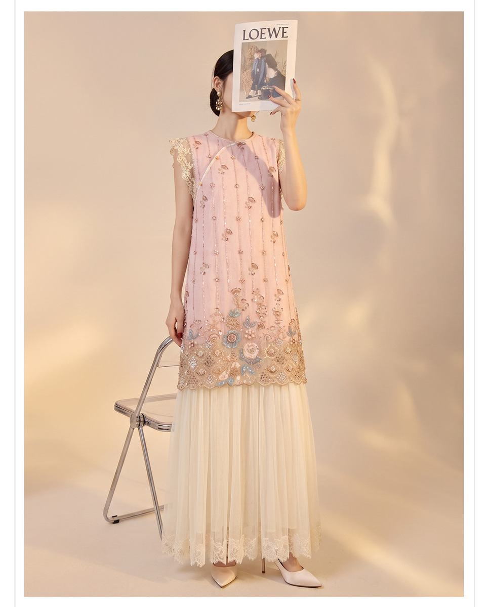 Đầm dài nữ thêu đính sequin phối ren tay cánh tiên dáng chữ A — Màu hồng nhạt