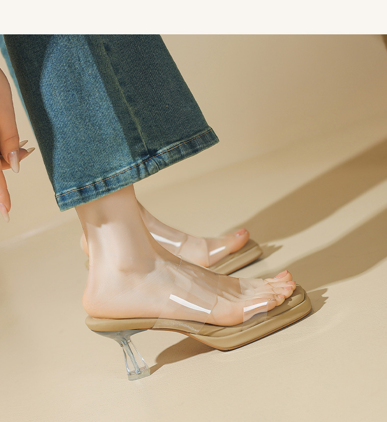 Dép sandal nữ quai ngang trong suốt gót pha lê 7cm 9cm — Bạc 7cm, Bạc 9cm, Màu trắng nhạt 9cm, Mơ 7cm